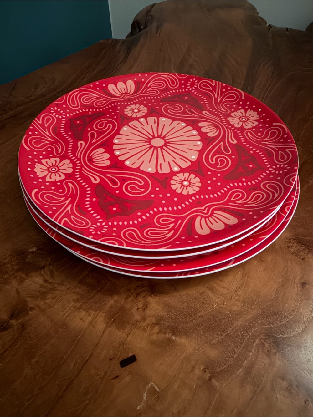 4 melamine 8x8in dessert/appetizer round plates red western bandana picnic
